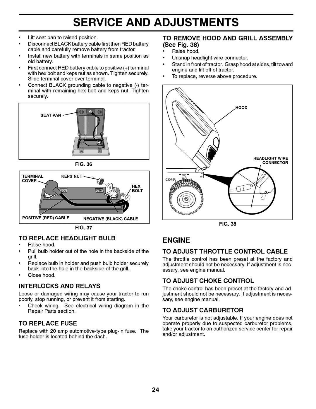 Poulan 96042003505 To Replace Headlight Bulb, Interlocks and Relays, To Replace Fuse, To Adjust Throttle Control Cable 