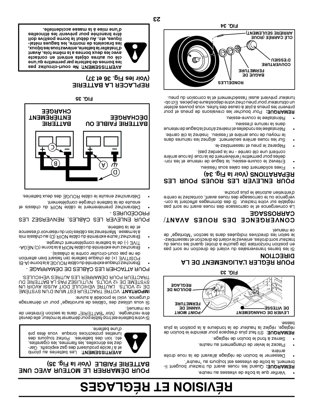 Poulan 96042003505 manual Fig la Voir Tionsraparé LES Pour Roues LES Enlever Pour, Carrossage AVANT/ Roues DES Convergence 