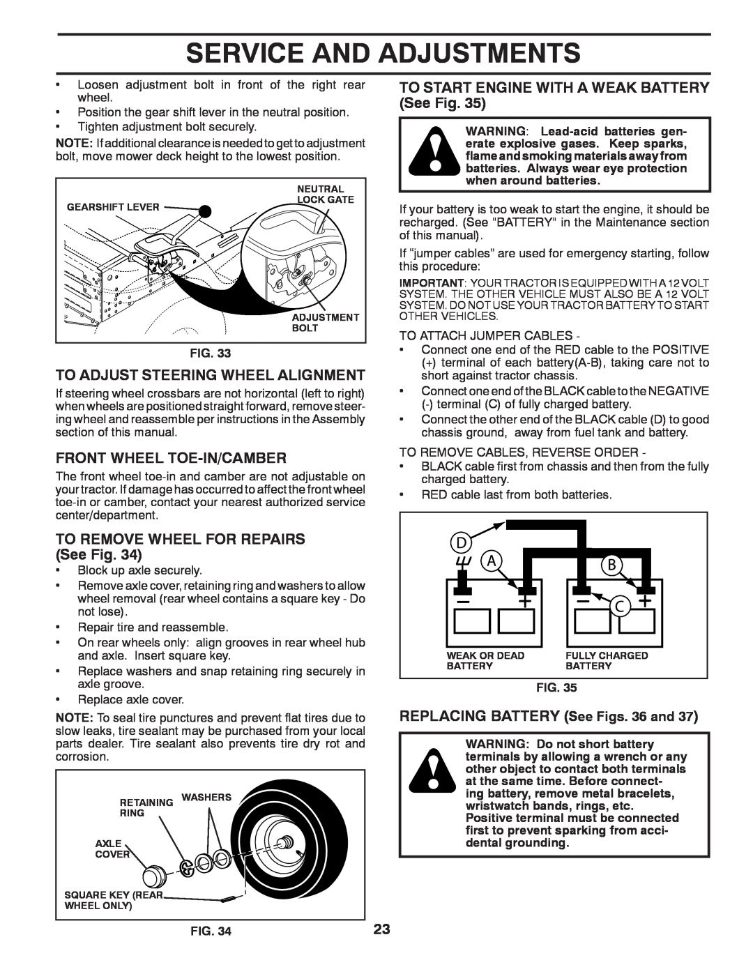 Poulan 96042003505 manual Service And Adjustments, To Adjust Steering Wheel Alignment, Front Wheel Toe-In/Camber 