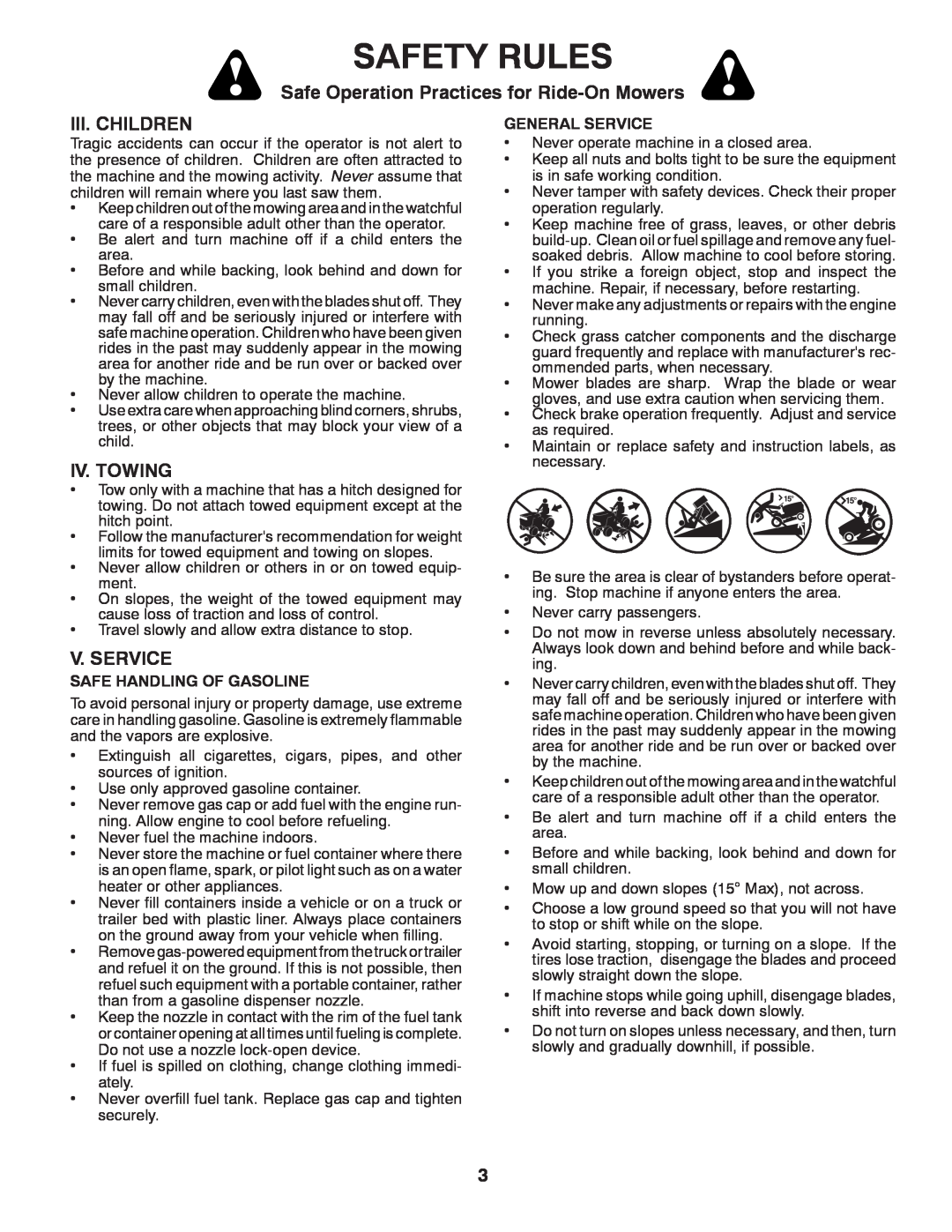 Poulan 96042003505 manual Safety Rules, Safe Operation Practices for Ride-On Mowers, Iii. Children, Iv. Towing, V. Service 