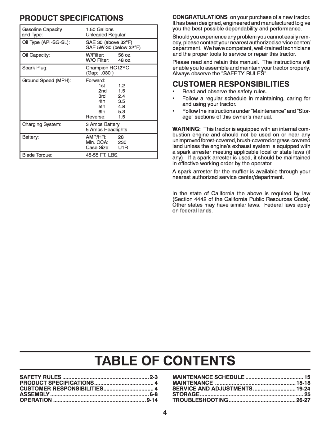 Poulan 96042003505 manual Table Of Contents, Product Specifications, Customer Responsibilities 