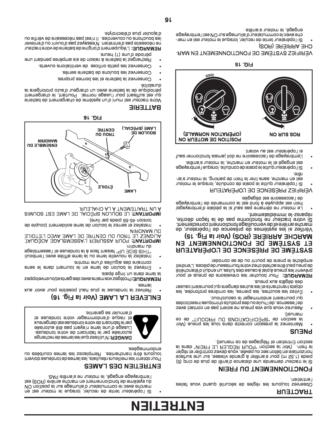 Poulan 96042003505 manual Fig la Voir LAME LA ENLEVER, Batterie, Lames Des Entretien, Pneus, Frein Du Fonctionnement 