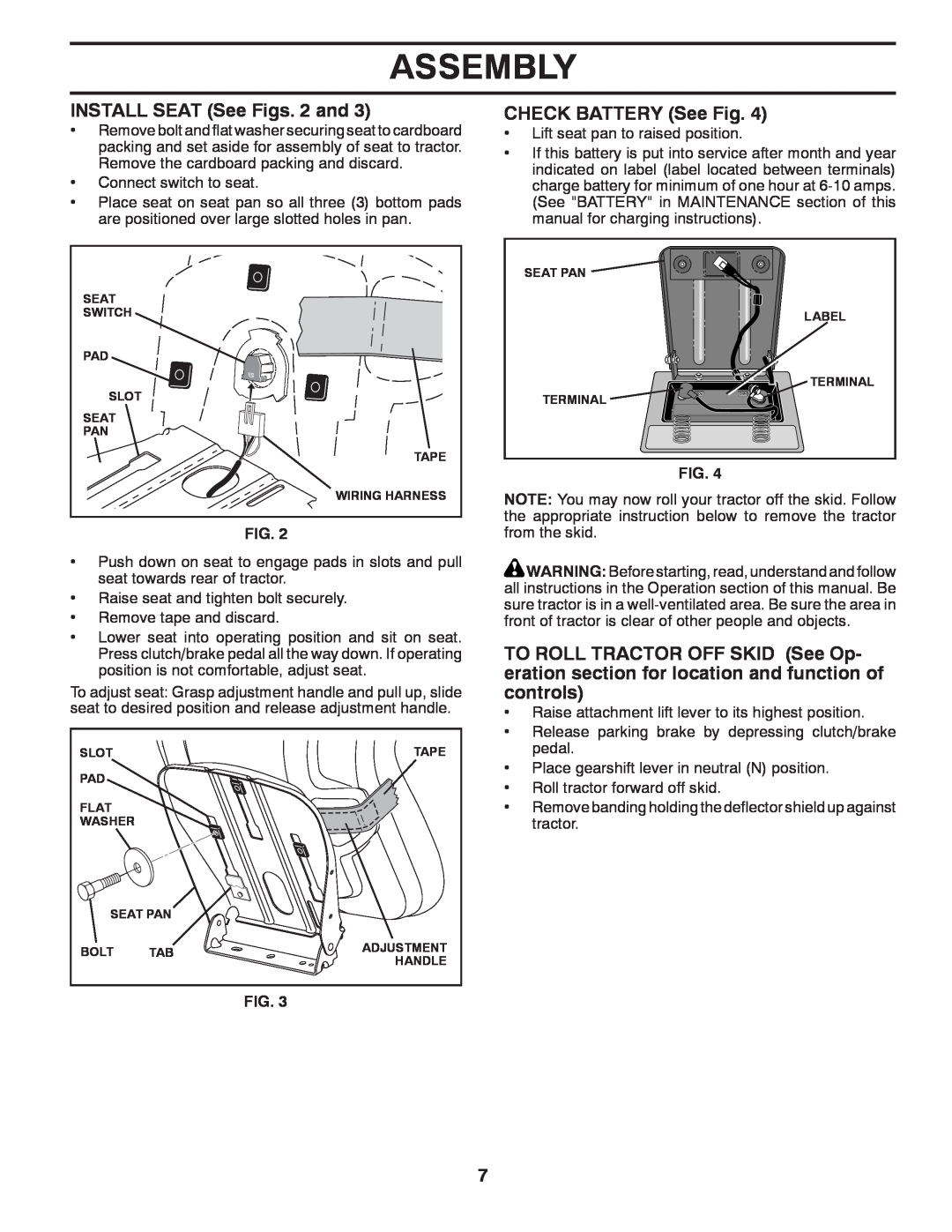 Poulan 96042003505 manual Assembly, INSTALL SEAT See Figs. 2 and, CHECK BATTERY See Fig 