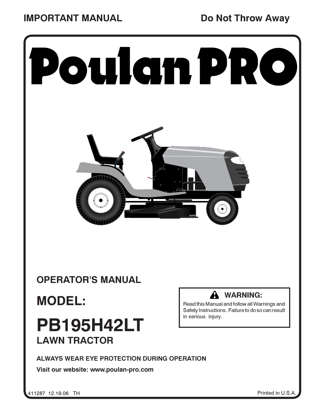 Poulan 96042003600 manual PB195H42LT, Model 