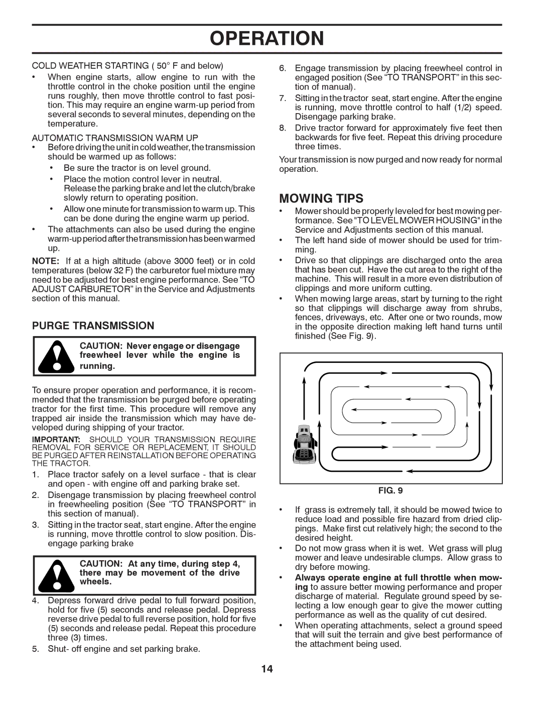 Poulan 96042003600 manual Mowing Tips, Purge Transmission, Automatic Transmission Warm UP, Running 