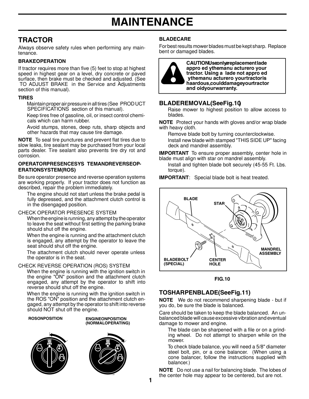 Poulan 96042003600 manual Tractor, Blade Removal See Fig, To Sharpen Blade See Fig, Check Operator Presence System 