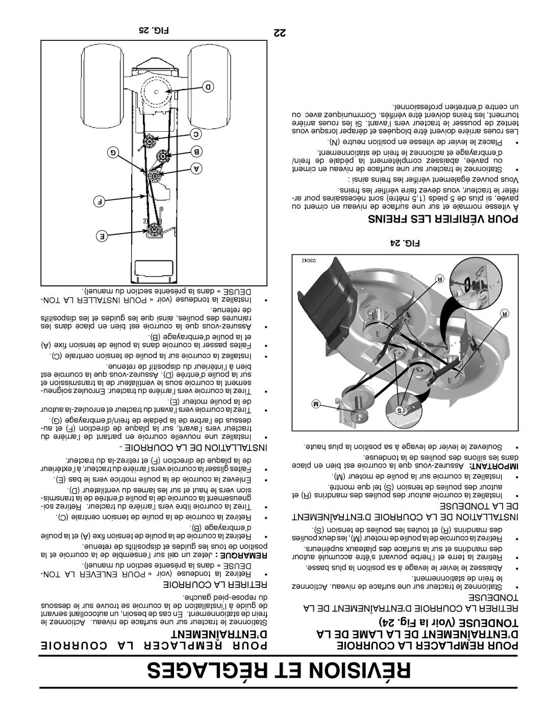 Poulan 96042003600 manual Courroie Acer Rempl Pour, ’Entraînement, Freins LES Vérifier Pour, 25 .FIG, 24 .FIG 