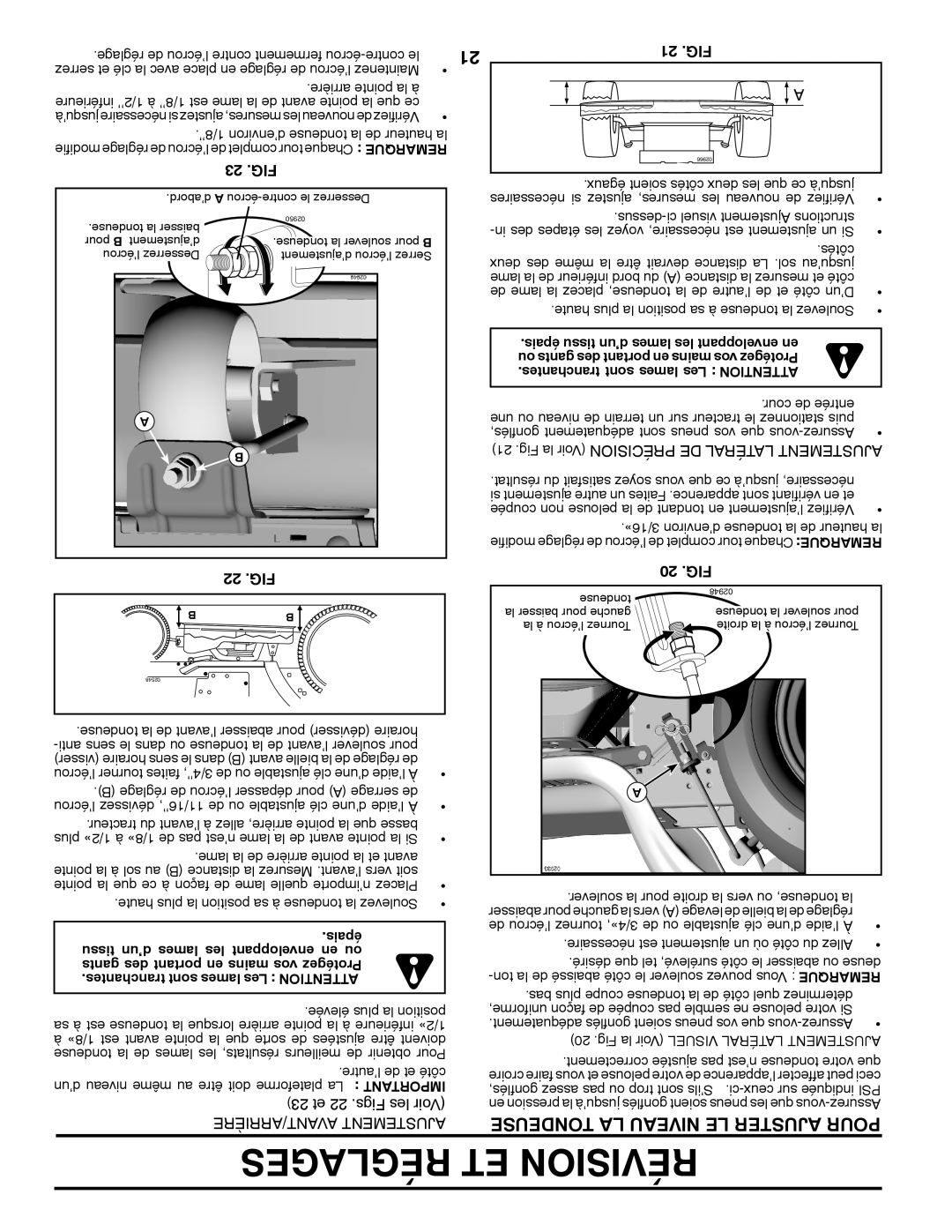 Poulan 96042003600 manual Tondeuse LA Niveau LE Ajuster Pour, 23 .FIG, 21 .FIG, 22 .FIG, 20 .FIG 