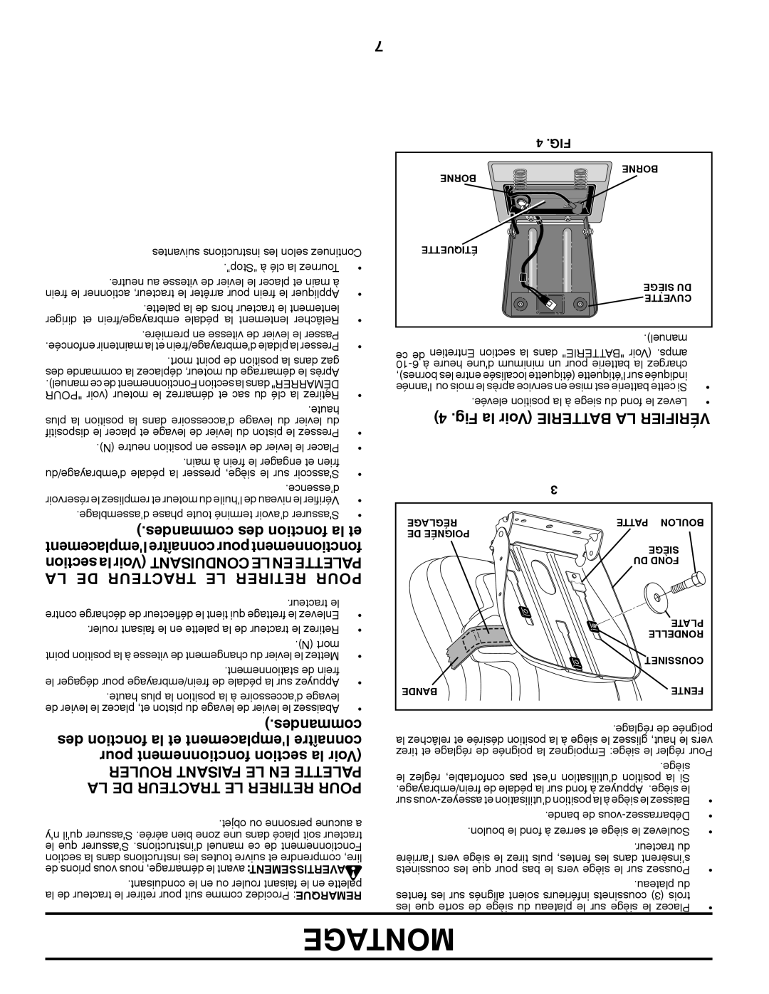 Poulan 96042003600 manual Fig la Voir Batterie LA Vérifier, Desmancom des tionfonc la et, LA DE Tracteur LE Retirer Pour 