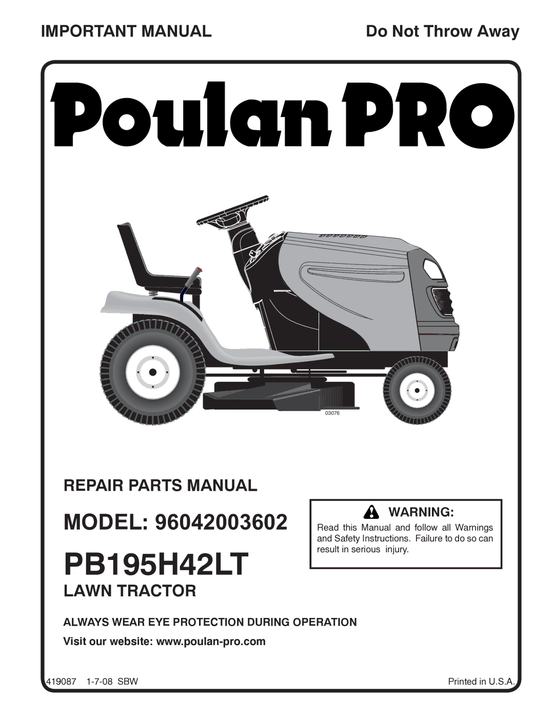 Poulan 96042003602 manual PB195H42LT 