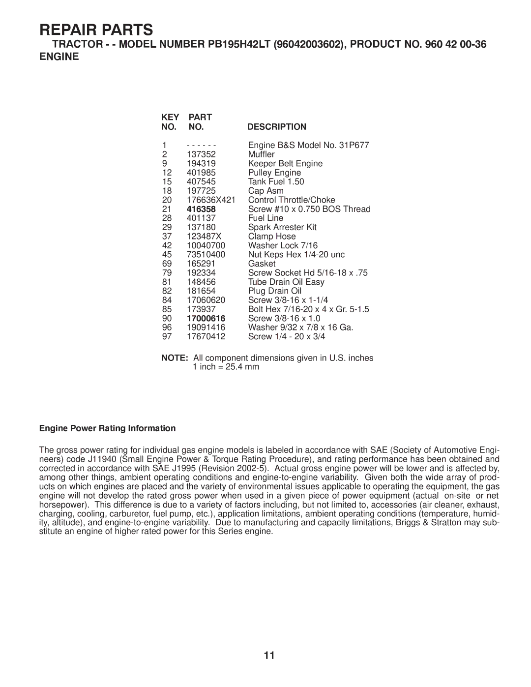 Poulan 96042003602 manual 17000616, Engine Power Rating Information 