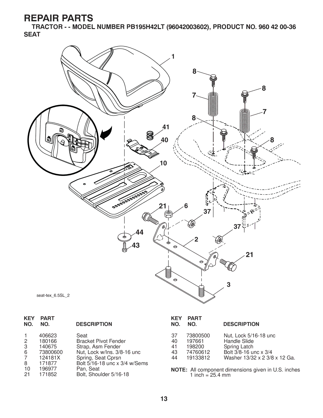 Poulan 96042003602 manual Seat 