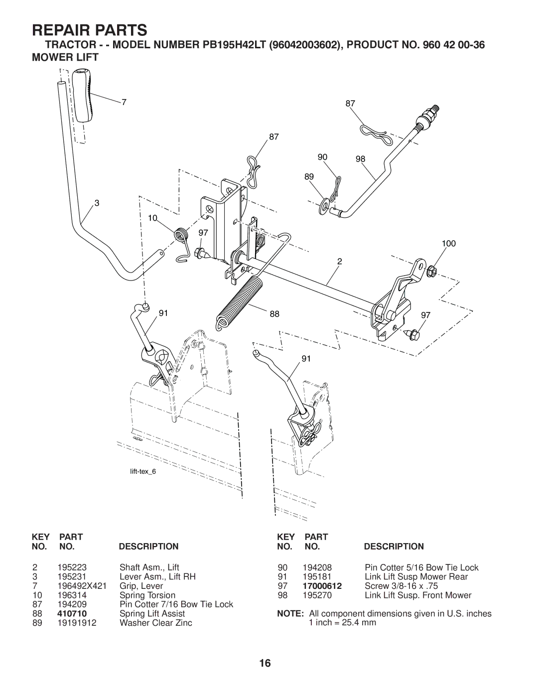 Poulan 96042003602 manual Mower Lift, 17000612, 410710 