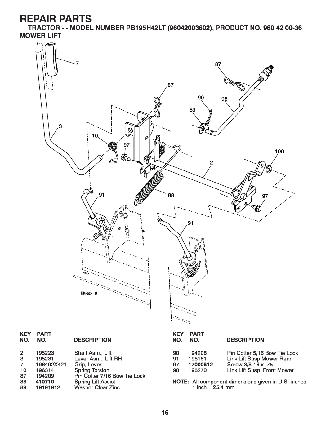 Poulan 96042003602 manual Mower Lift, Repair Parts, 87 90 89 3 10 97 100 2, Description, 17000612, 410710 