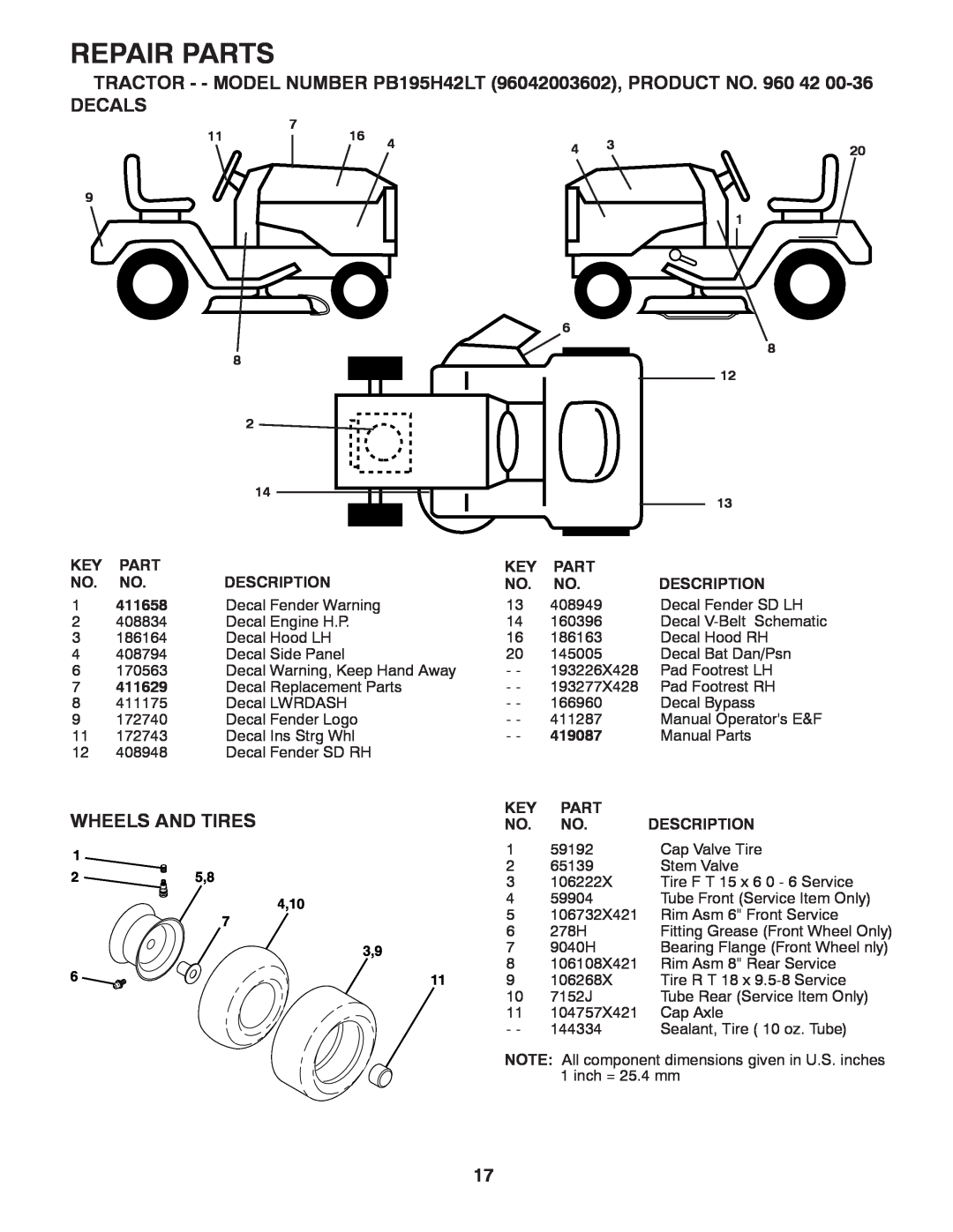 Poulan 96042003602 manual Decals, Wheels And Tires, Repair Parts, Description, 411658, 411629, 419087 