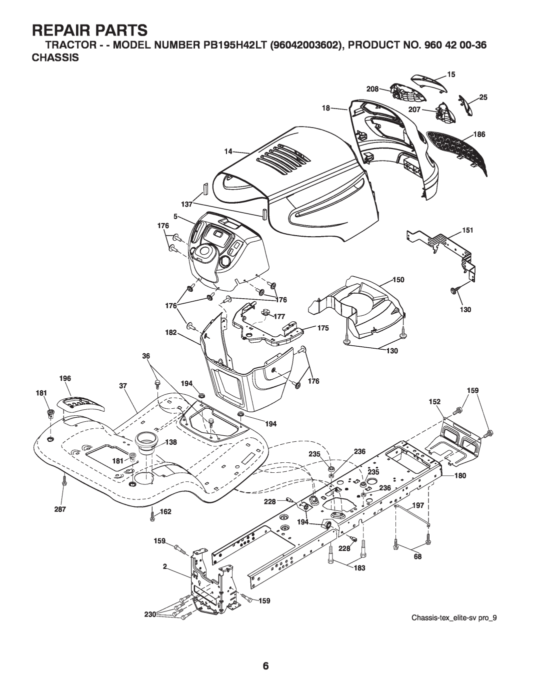 Poulan 96042003602 manual Repair Parts, Chassis-tex_elite-svpro_9 
