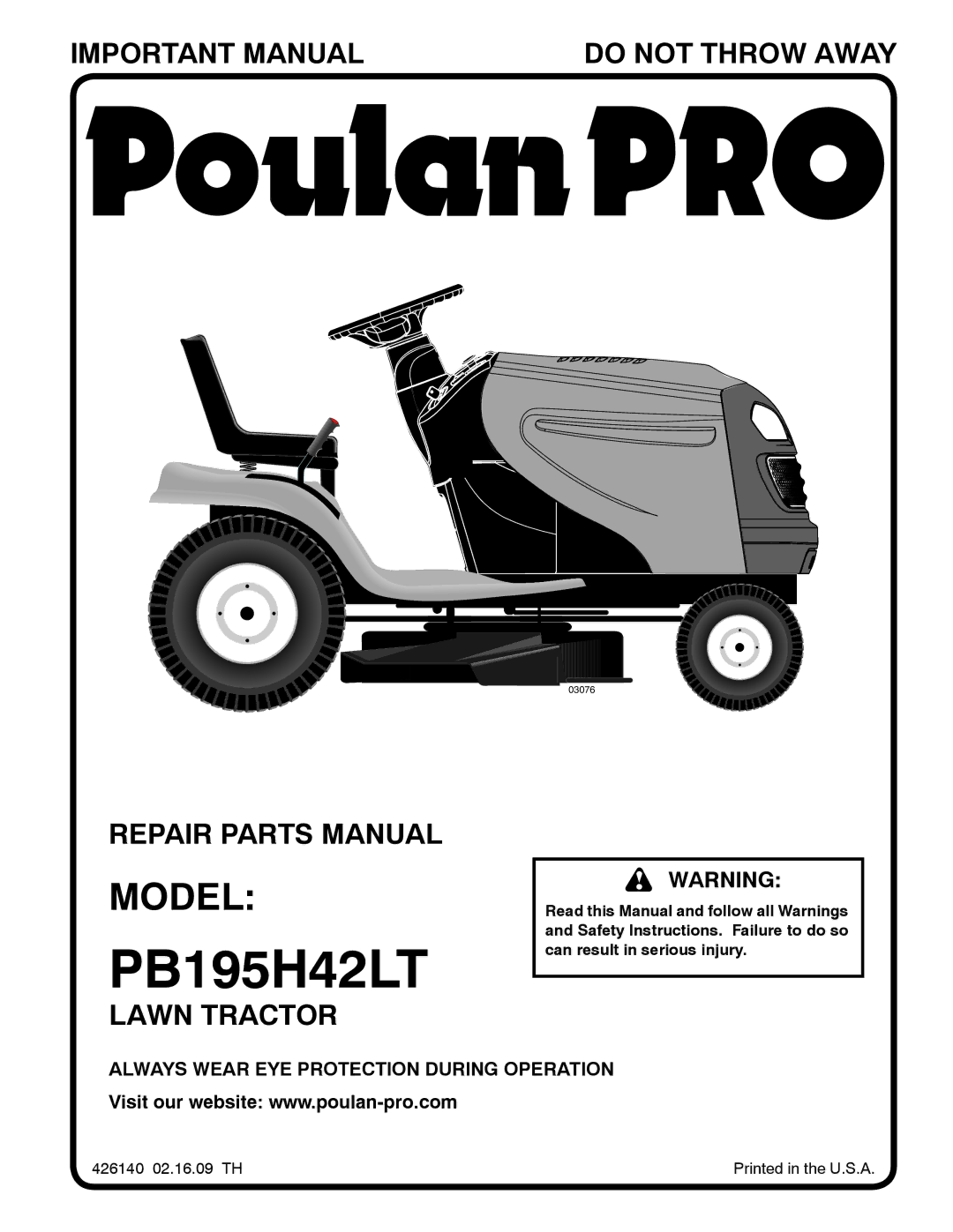 Poulan 426140, 96042003603 manual PB195H42LT 