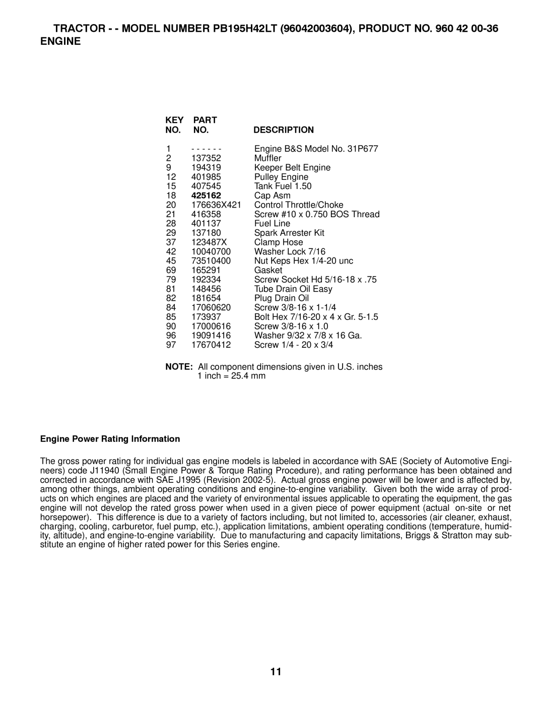 Poulan 426140, 96042003603 manual 425162, Engine Power Rating Information 