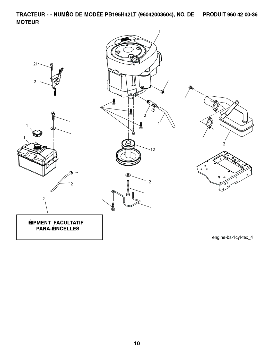 Poulan 426140, 96042003603 manual Facultatif Équipment, Arrester Spark 