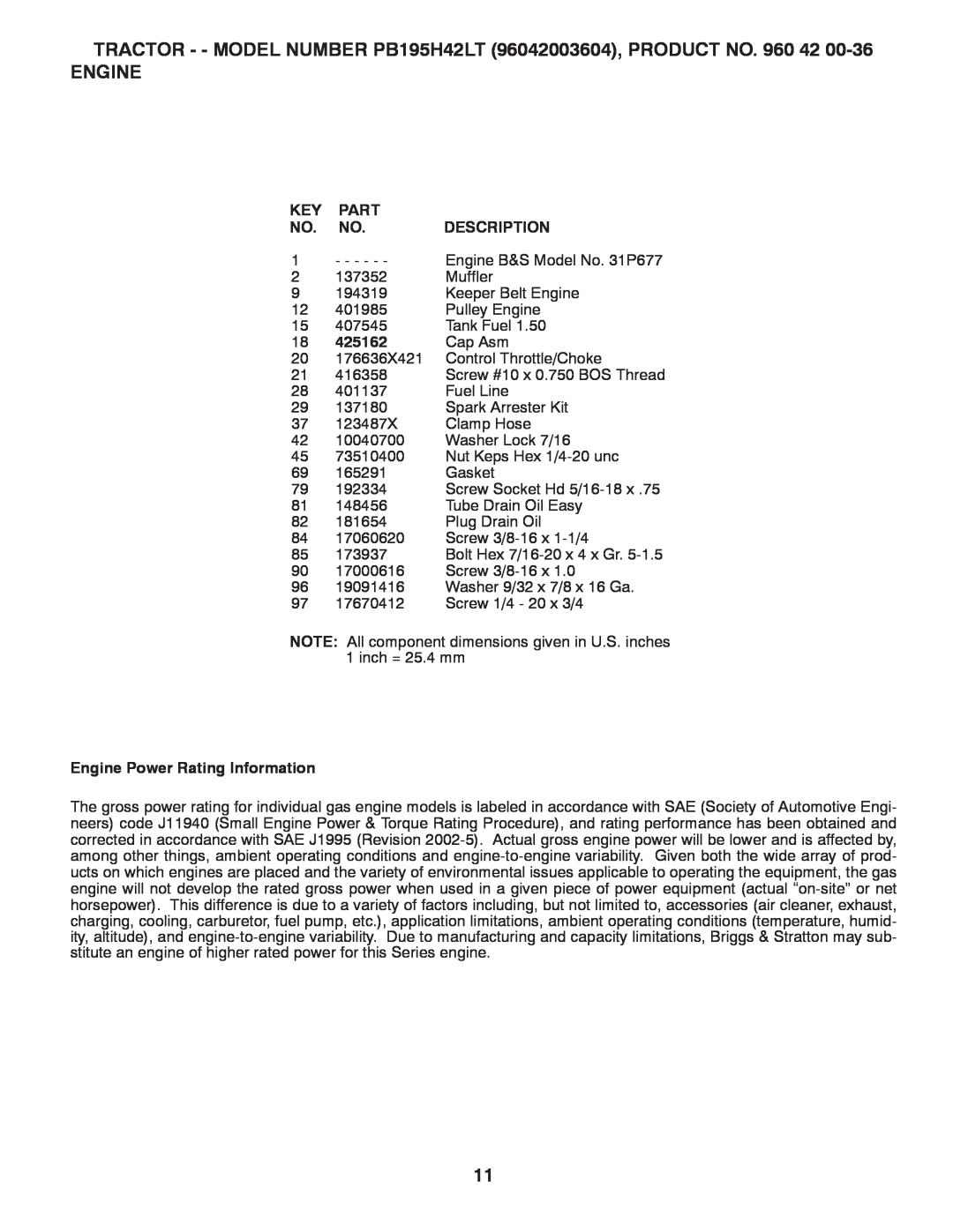 Poulan 426140, 96042003603 manual Part, Description, 425162, Engine Power Rating Information 