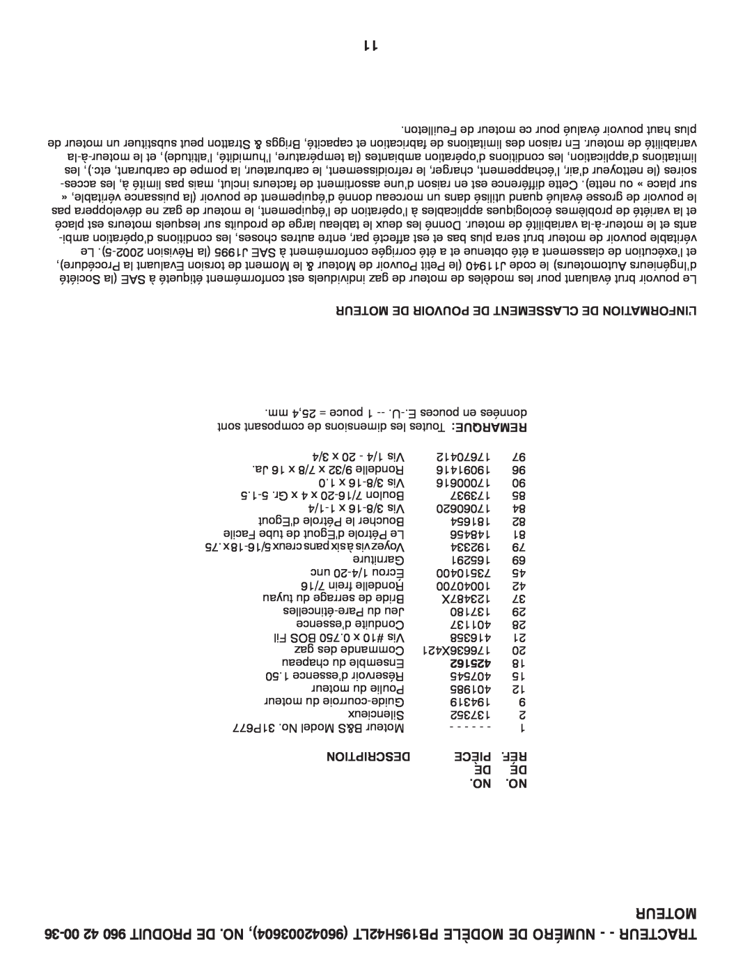 Poulan 96042003603, 426140 manual Moteur De Pouvoir De Classement De L’Information, 425162, Description, Pièce 