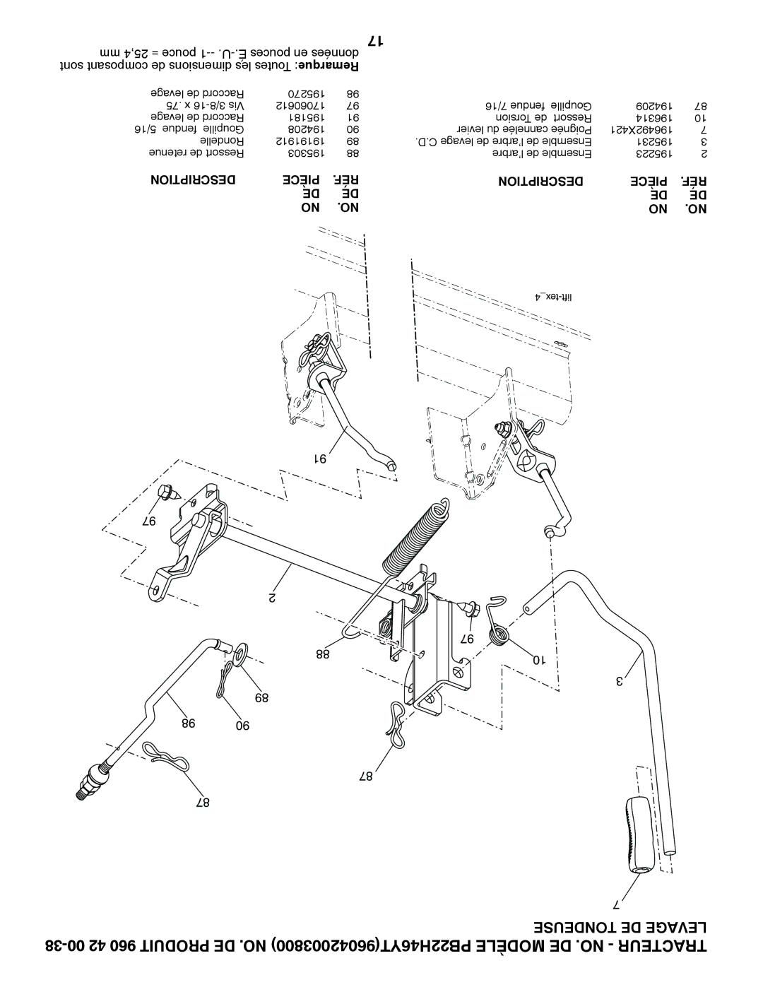 Poulan 96042003800 manual Tondeuse DE Levage, Sont composant de dimensions les Toutes Remarque 