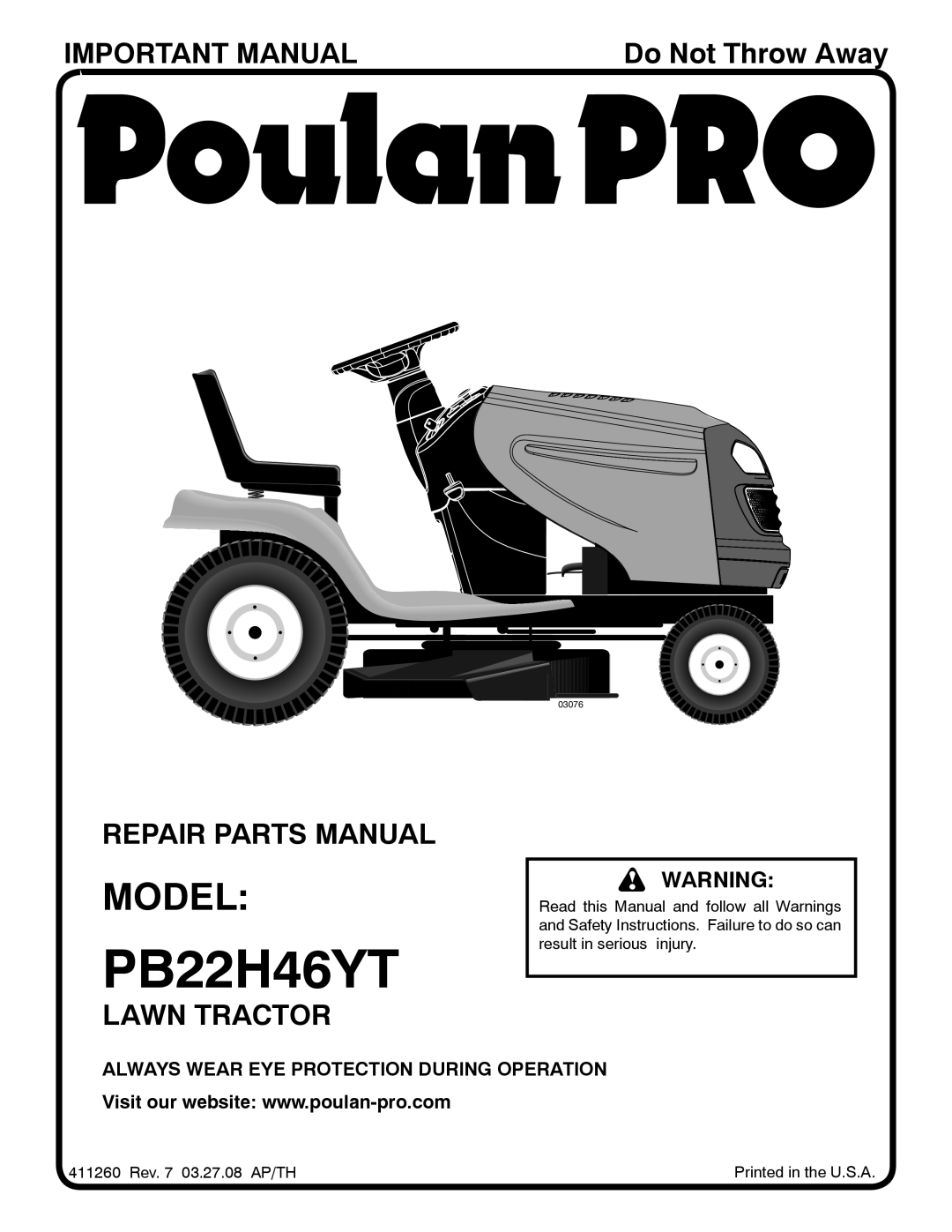 Poulan 96042003800 manual Model, Important Manual, Repair Parts Manual, Lawn Tractor, Do Not Throw Away, PB22H46YT 