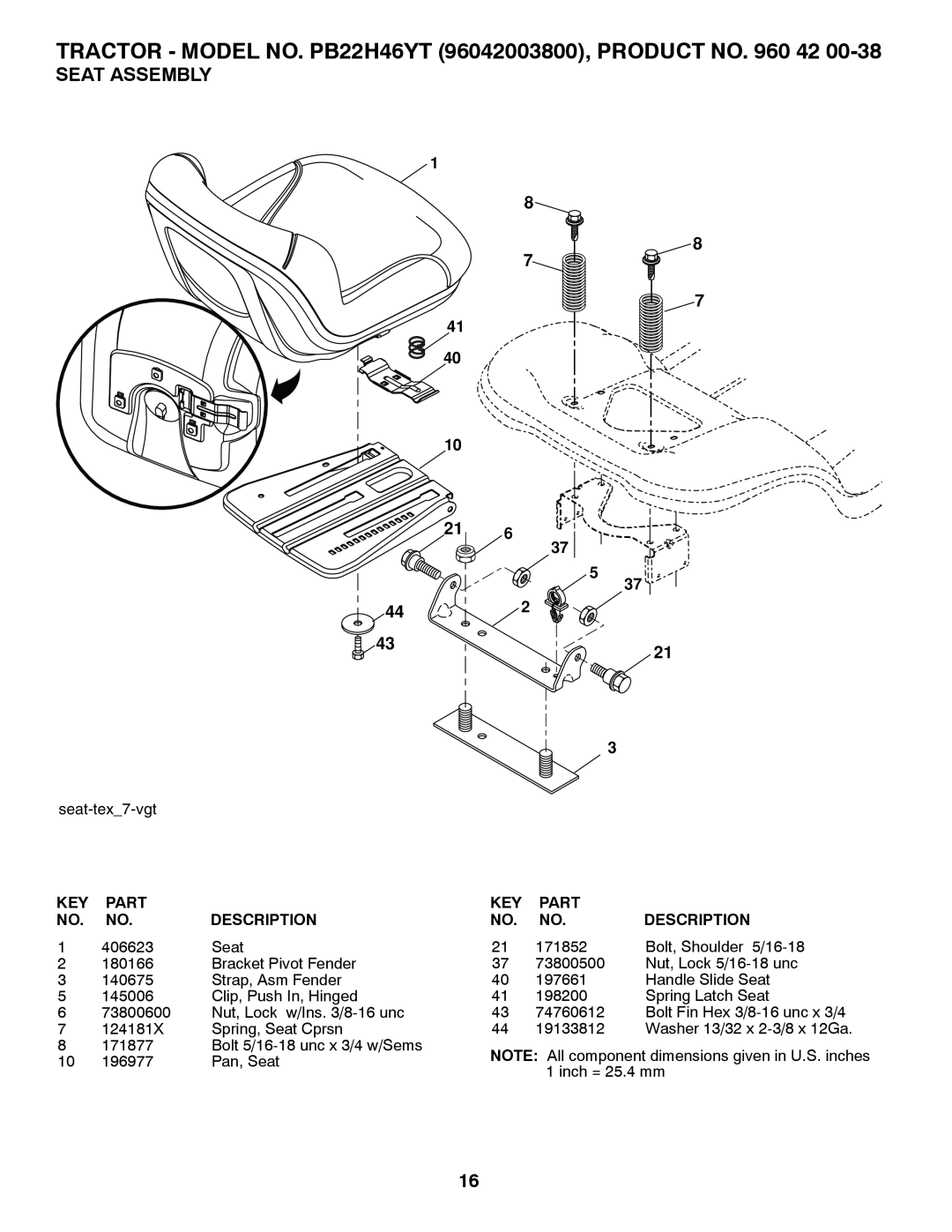 Poulan manual Seat Assembly, TRACTOR - MODEL NO. PB22H46YT 96042003800, PRODUCT NO. 960 42, Part, Description 