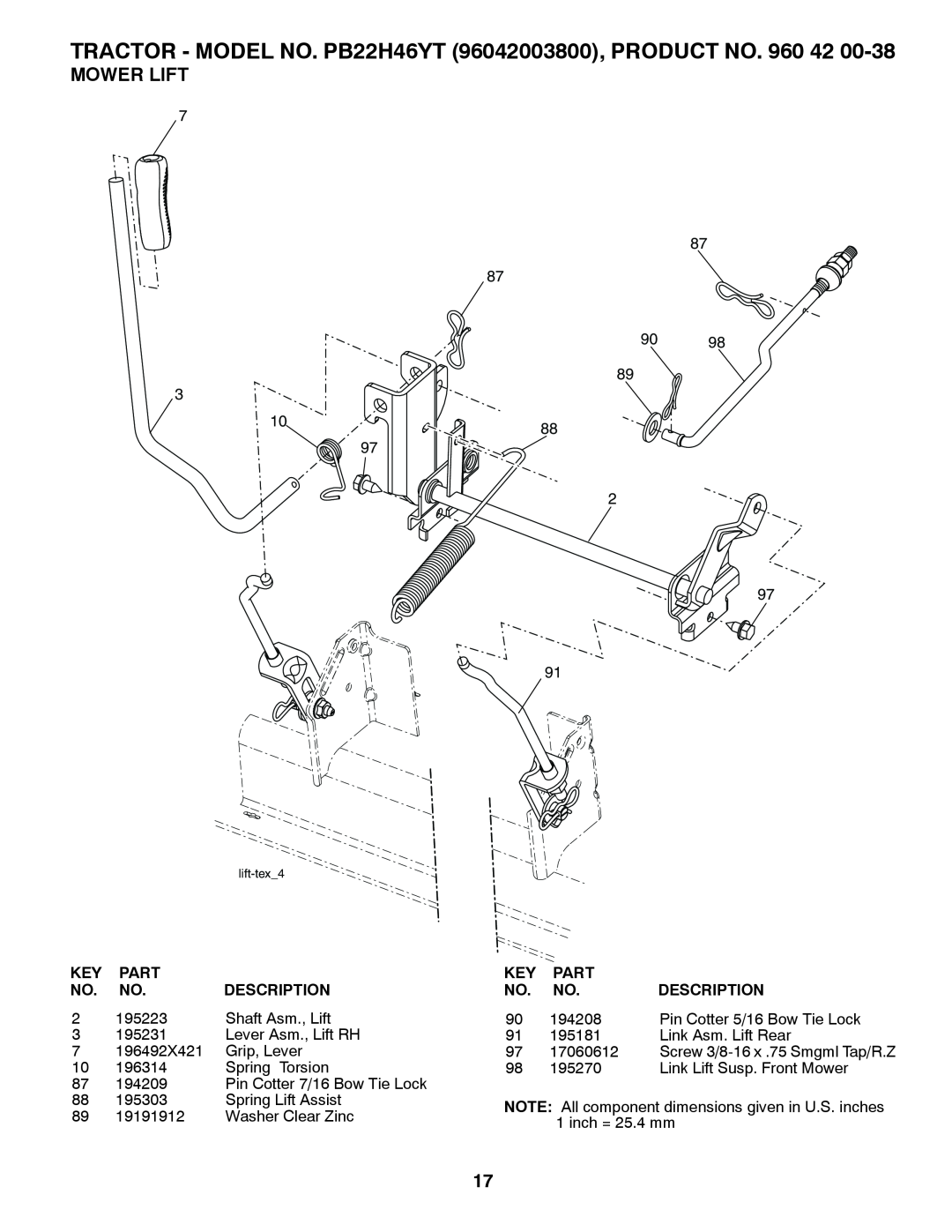 Poulan manual Mower Lift, TRACTOR - MODEL NO. PB22H46YT 96042003800, PRODUCT NO. 960 42, Part, Description 