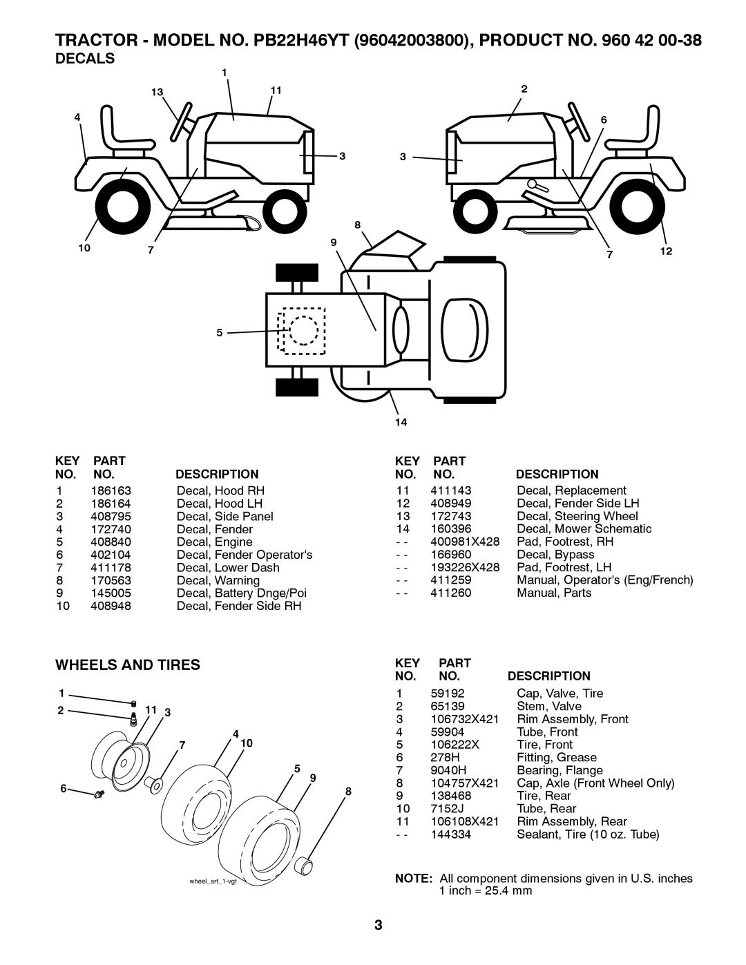 Poulan manual Decals, Wheels And Tires, TRACTOR - MODEL NO. PB22H46YT 96042003800, PRODUCT NO. 960 42, Part, Description 