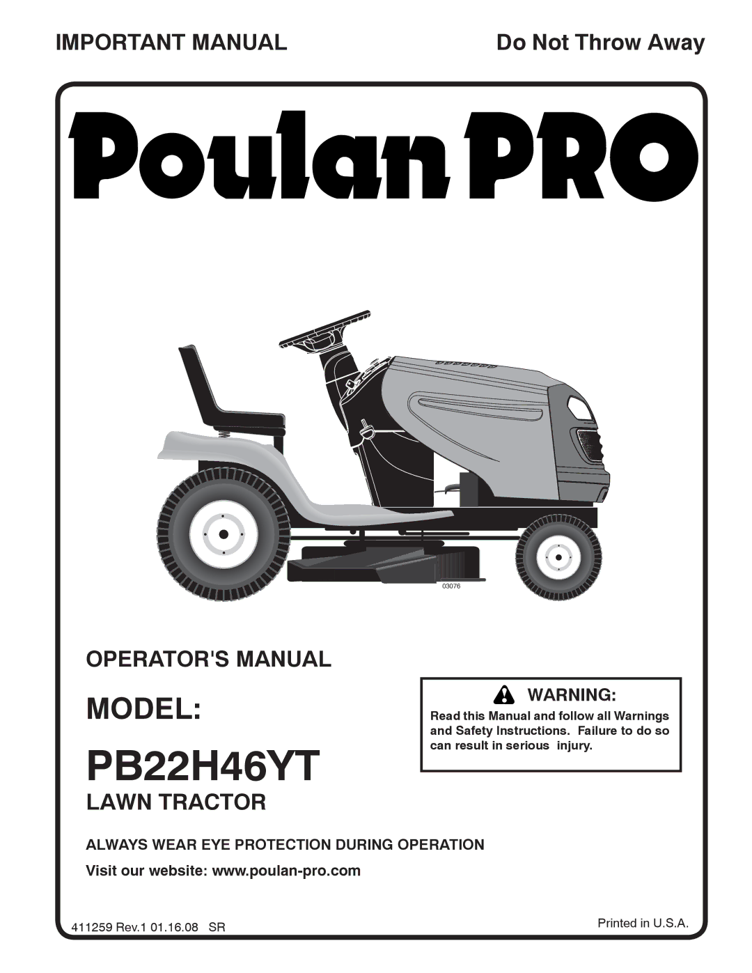 Poulan 96042003801 manual PB22H46YT, Model 