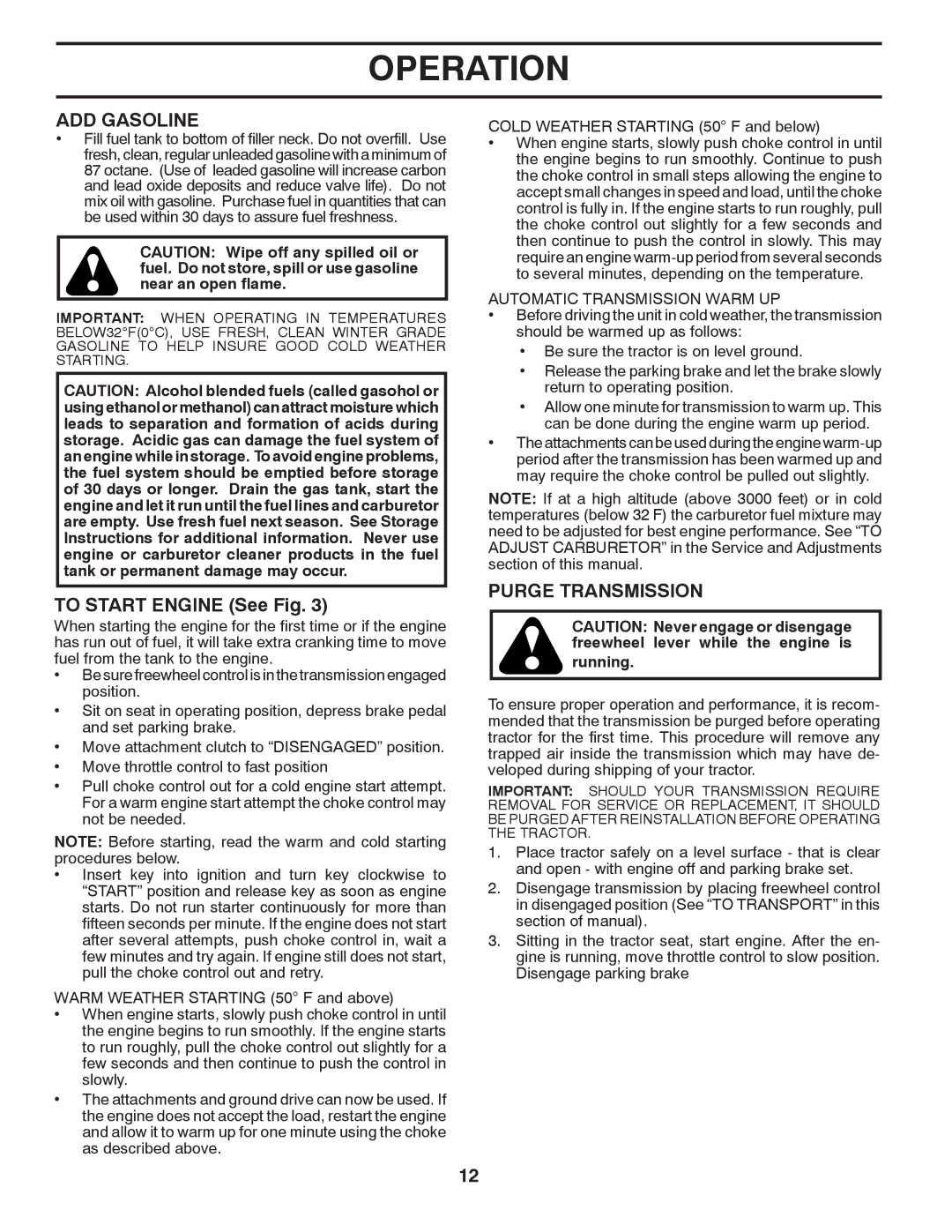 Poulan 96042003801 ADD Gasoline, To Start Engine See Fig, Purge Transmission, Automatic Transmission Warm UP, Running 