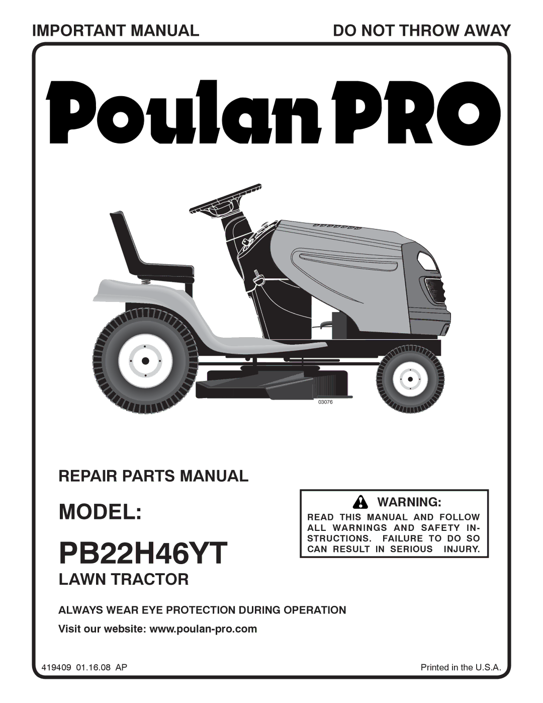 Poulan 960 42 00-38, 96042003802 manual PB22H46YT 