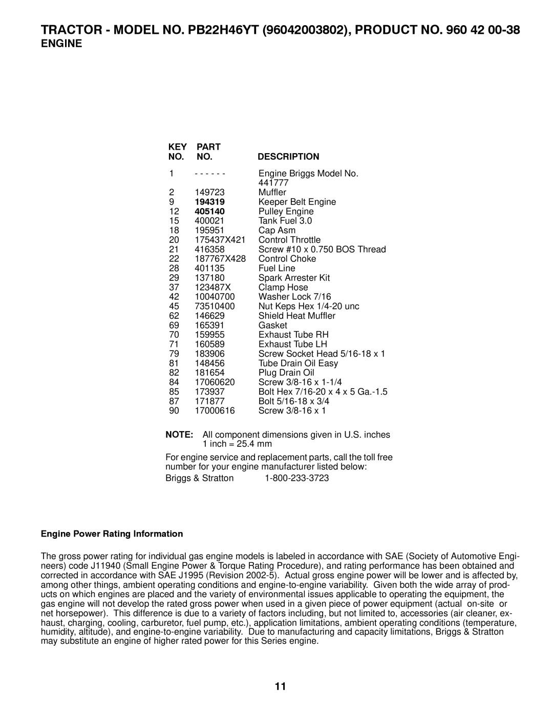 Poulan 960 42 00-38, 96042003802 manual 194319, 405140, Engine Power Rating Information 