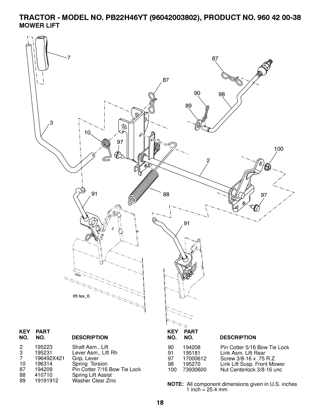 Poulan 96042003802, 960 42 00-38 manual Mower Lift, 100 