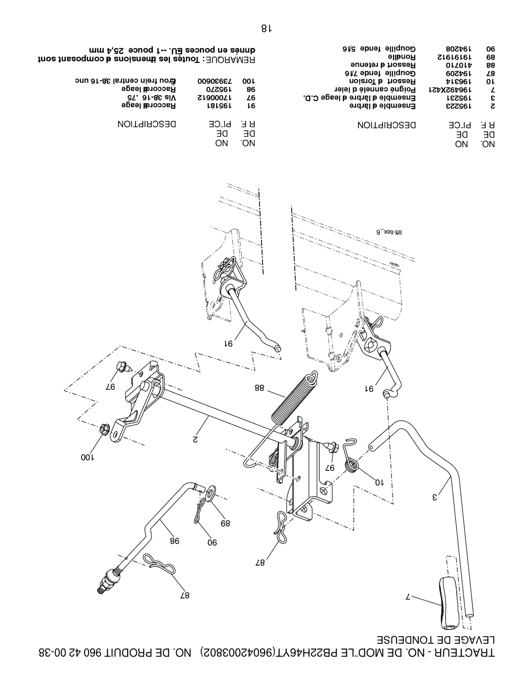 Poulan 960 42 00-38, 96042003802 manual Tondeuse DE Levage, Description Pièce 