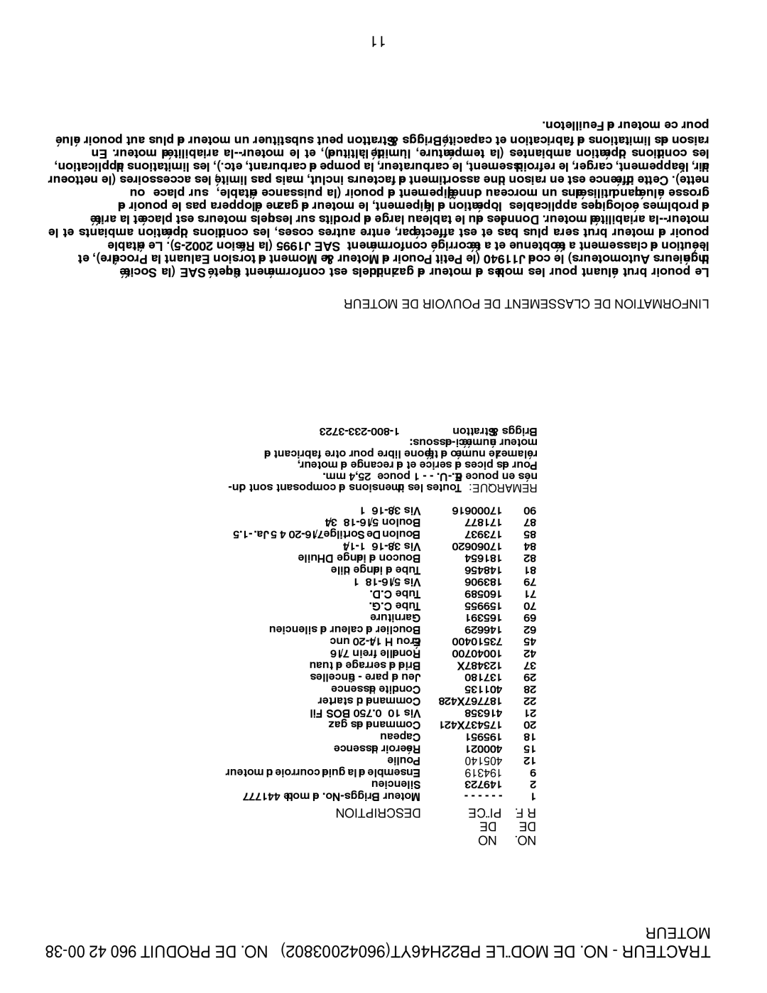 Poulan 96042003802, 960 42 00-38 manual Moteur DE Pouvoir DE Classement DE L’INFORMATION 