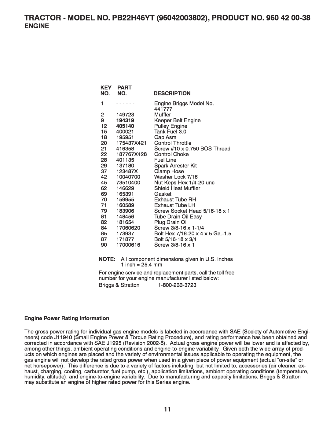 Poulan 960 42 00-38, 96042003802 manual Part, Description, 194319, 405140, Engine Power Rating Information 