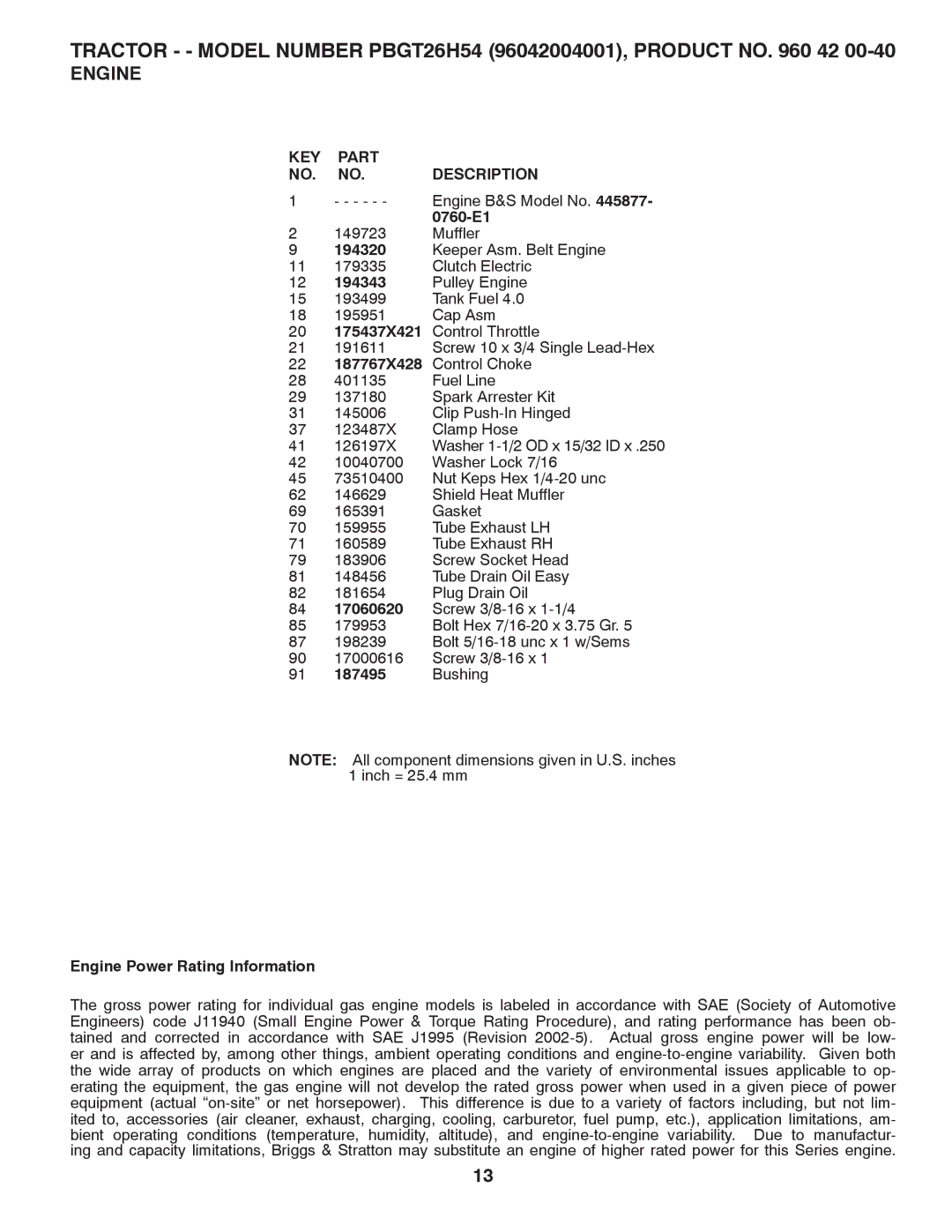 Poulan 960 42 00-40, 96042004001 manual 194320, 194343, 91 187495 Bushing Engine Power Rating Information 