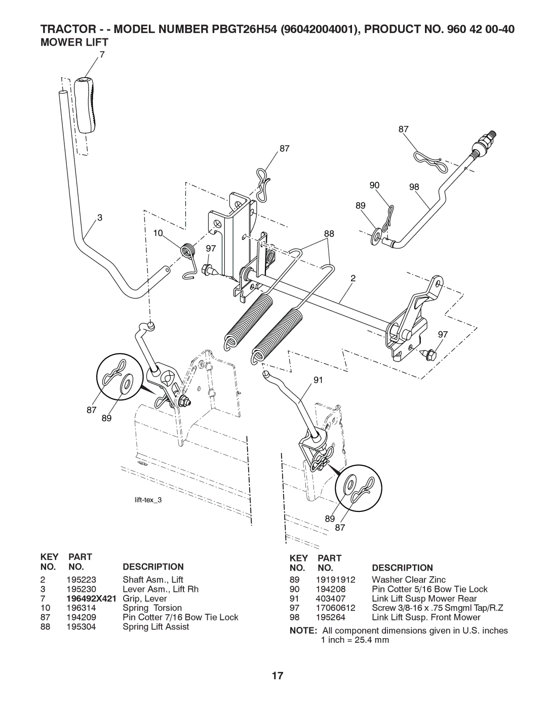 Poulan 960 42 00-40, 96042004001 manual Mower Lift, 196492X421 Grip, Lever 