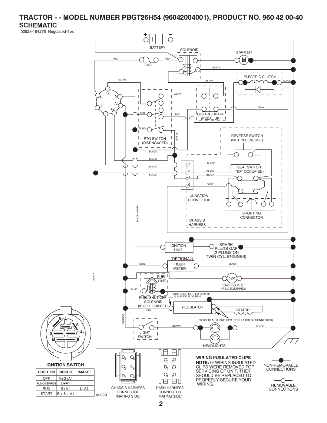 Poulan 960 42 00-40 manual Tractor - Model Number PBGT26H54 96042004001, Product no 42, Schematic 