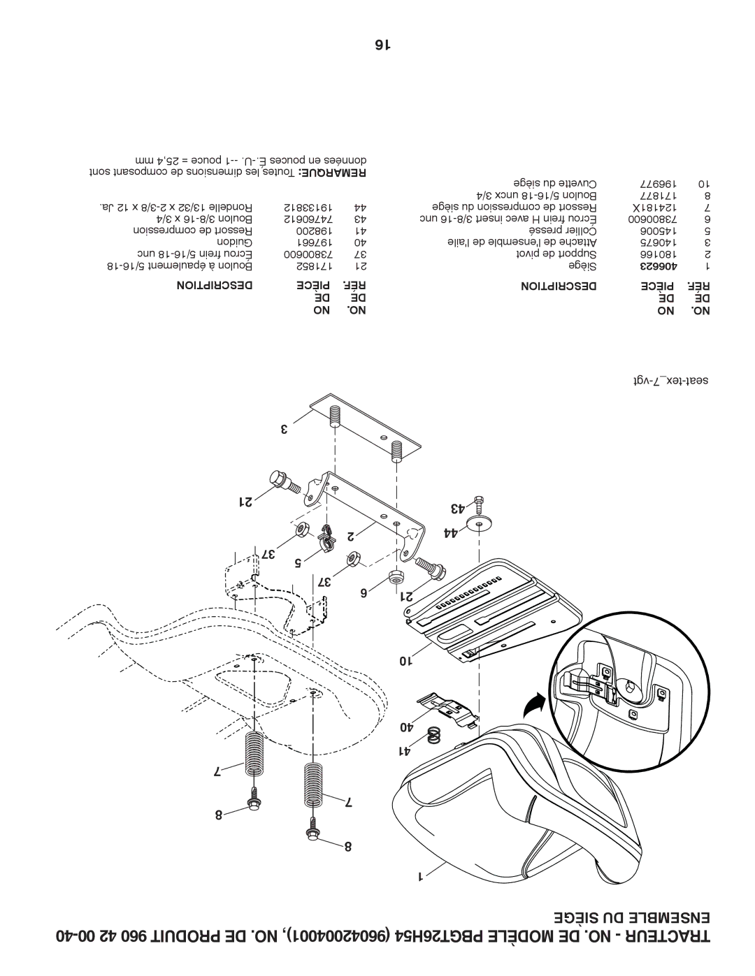 Poulan 960 42 00-40, 96042004001 manual Siège DU Ensemble, 406623 