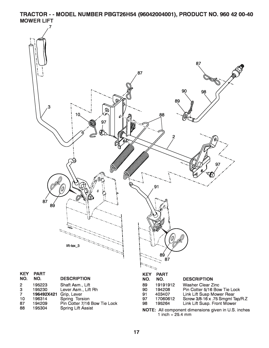 Poulan 960 42 00-40 manual Mower Lift, TRACTOR - - MODEL NUMBER PBGT26H54 96042004001, PRODUCT NO. 960 42, lift-tex3 