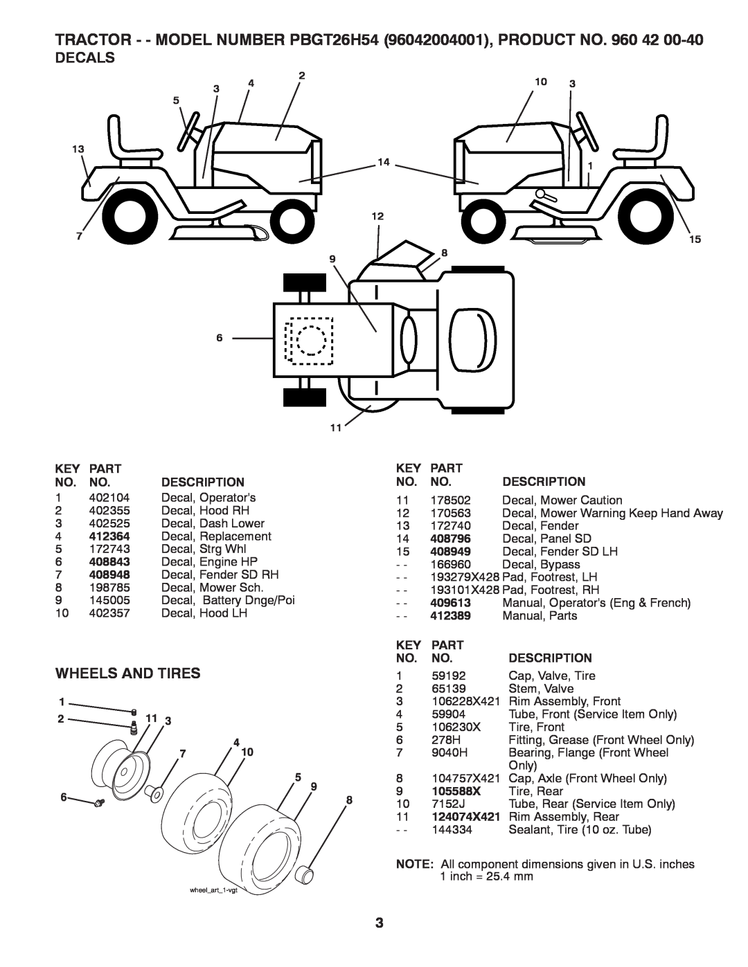 Poulan 960 42 00-40 manual Decals, Wheels And Tires, TRACTOR - - MODEL NUMBER PBGT26H54 96042004001, PRODUCT NO 