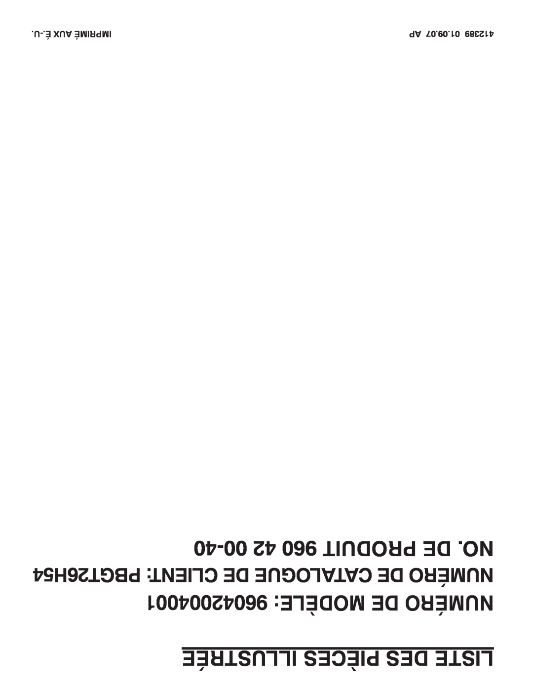 Poulan 96042004001, 960 42 00-40 manual Illustrée Pièces Des Liste, U-.É Aux Imprimé, Ap 