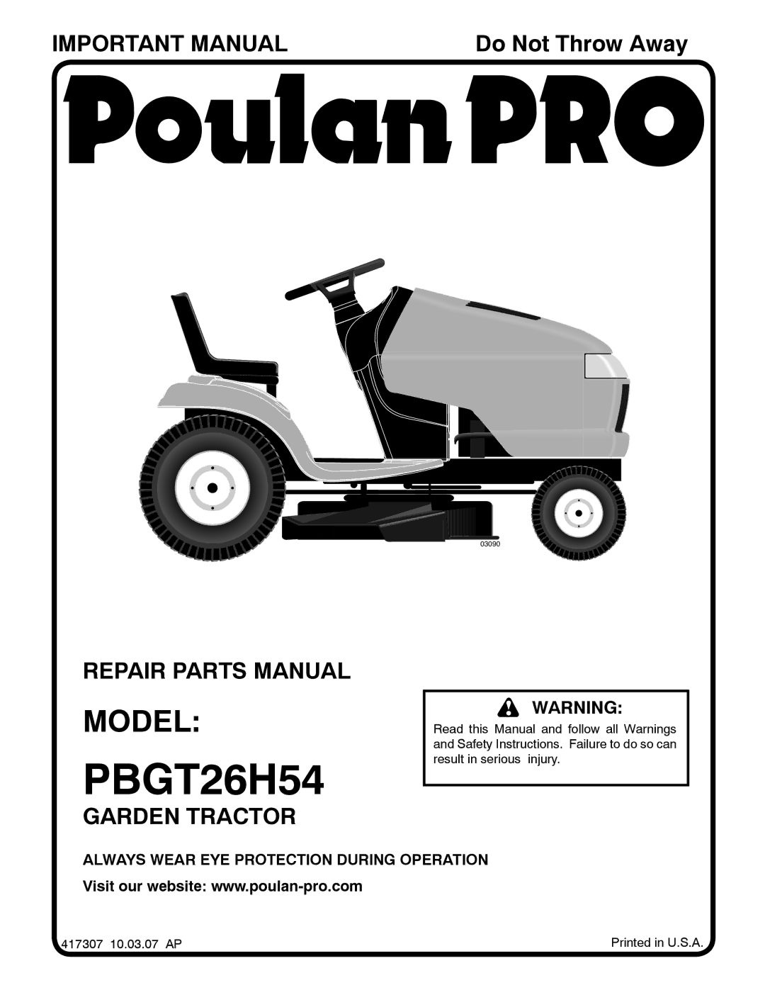 Poulan 417307, 96042004002 manual PBGT26H54 