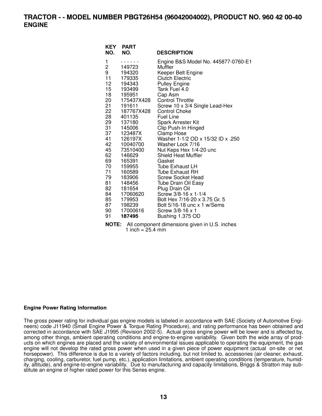 Poulan 417307, 96042004002 manual Engine Power Rating Information 