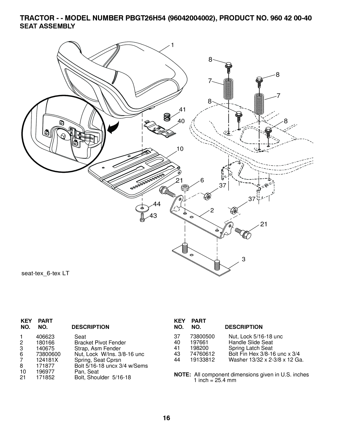 Poulan 96042004002, 417307 manual Seat Assembly, 73800500 Nut, Lock 5/16-18 unc 