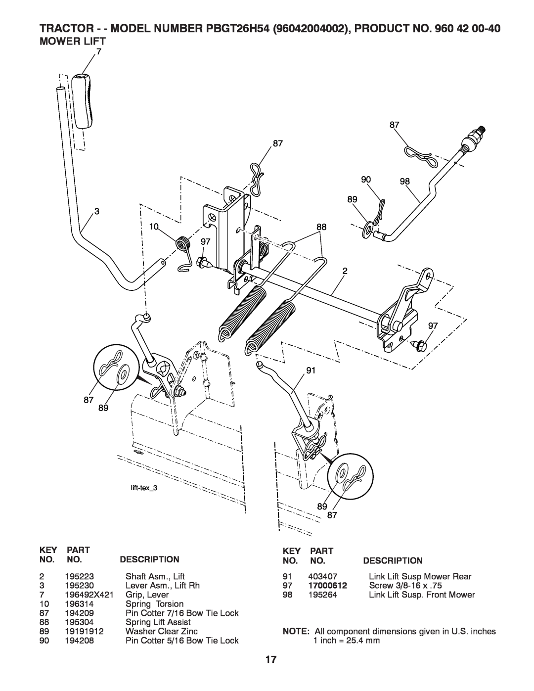 Poulan 417307 manual Mower Lift, TRACTOR - - MODEL NUMBER PBGT26H54 96042004002, PRODUCT NO, lift-tex3 