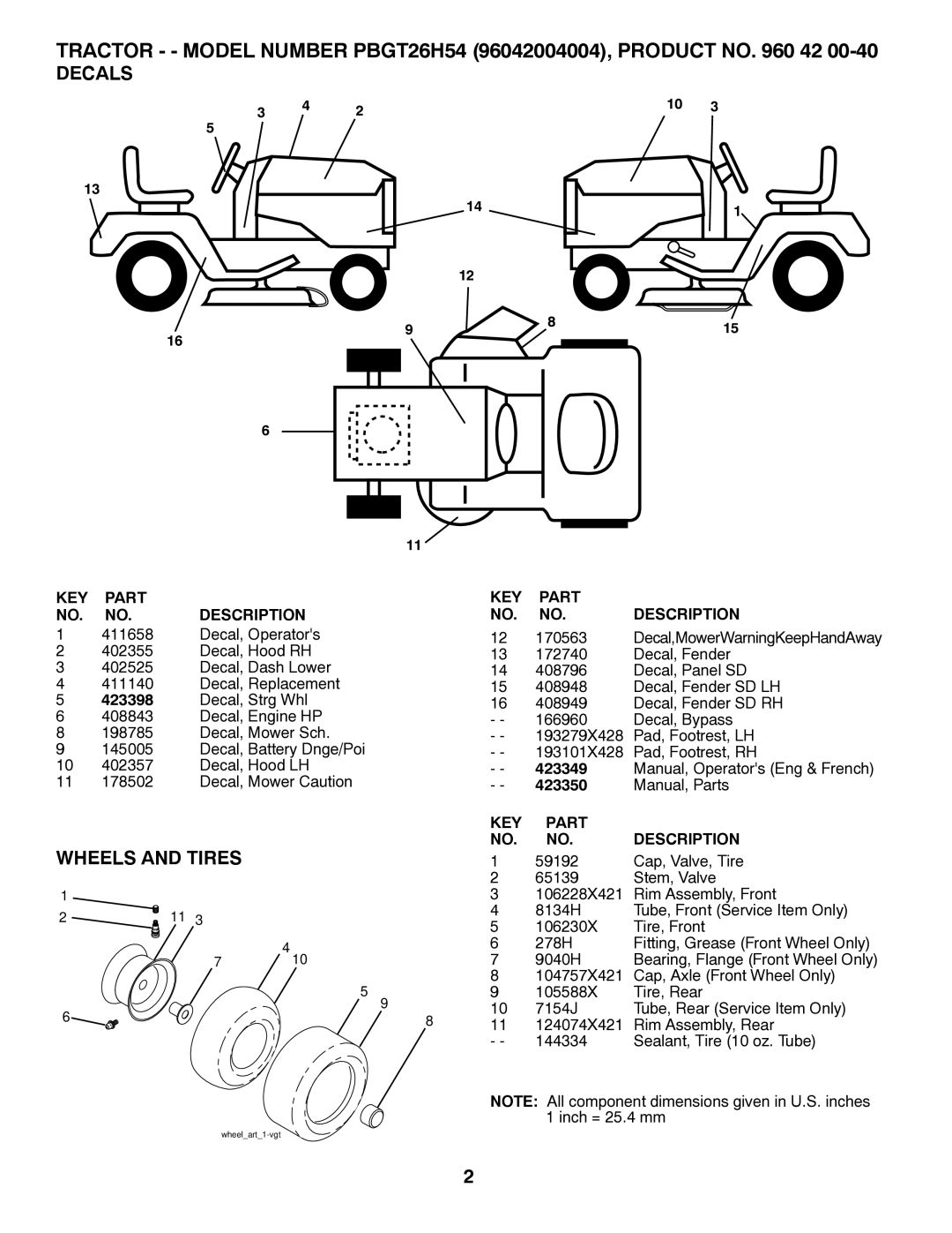 Poulan 96042004004 manual Decals, Wheels and Tires, 423398, 423349, 423350 